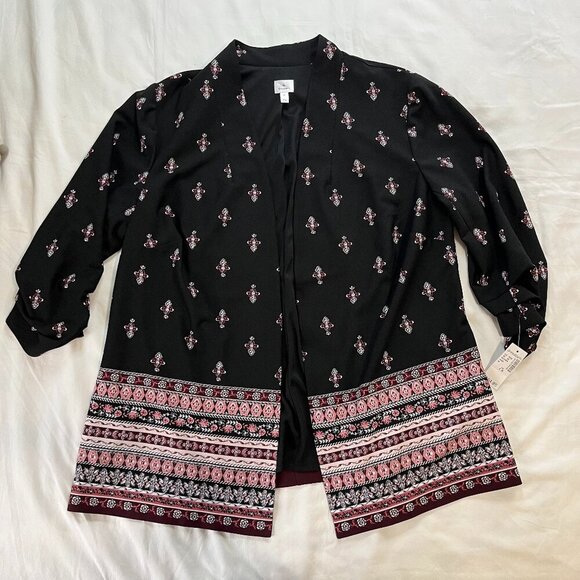 Dress Barn Black w Pink White Geometric Pattern Open 3/4 Sleeve Cardigan | Sz 1X - Picture 1 of 6